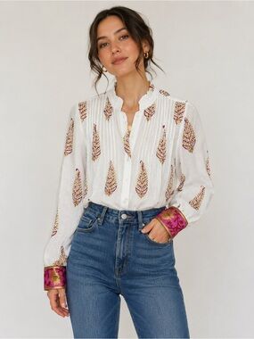 OLIPHANT Cotton Silk Printed Pintuck Blouse Small Lightweight Breathable Boho
